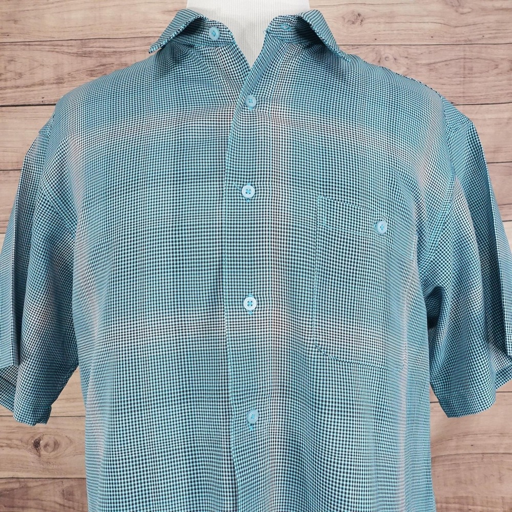 Haggar Shirt Mens XL Blue Green Check Short Sleeve Button Front Casual Classic